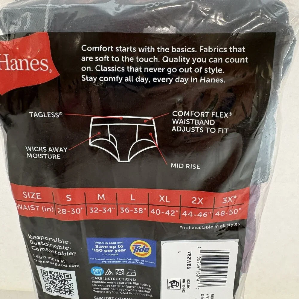 Hanes Comfort Flex Briefs Underwear Mid-Rise 6-Pack Multi-color Men's Size Large